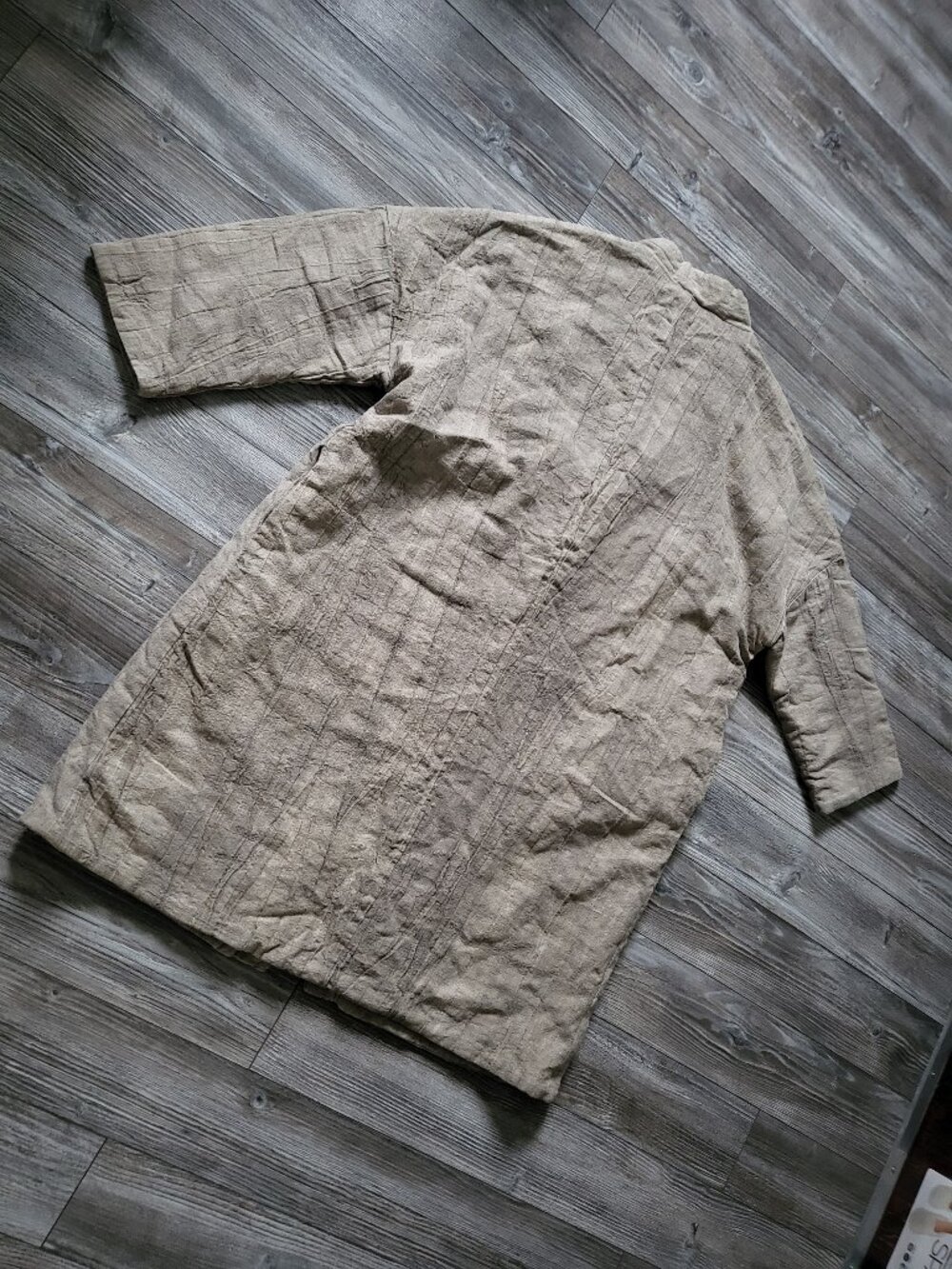 NWOT Heavy Raw Linen Kimono Coat Quilted Cotton Lined Haori Oatmeal - Picture 7 of 13